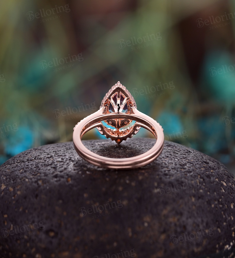 Vintage Alexandrite engagement ring set art deco diamond moissanite halo rings pear shaped rose gold ring unique anniversary bridal set image 7