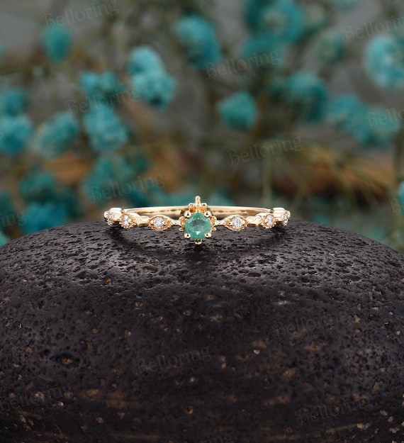 Yellow Gold Emerald Engagement Ring Vintage Art Deco Diamond