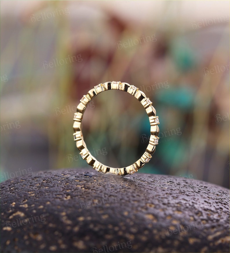 Vintage Moissanite Gold Wedding Band - 14K Gold Full Eternity Ring | Diamond Stackable Band Yellow Gold Ring | Matching Ring Wedding Ring image 5
