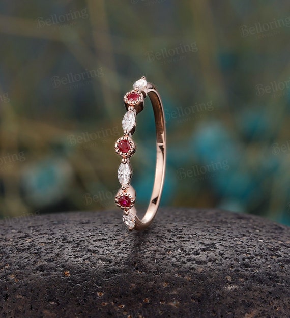 Vintage Milgrain Ruby Wedding Band,half Eternity Moissanite