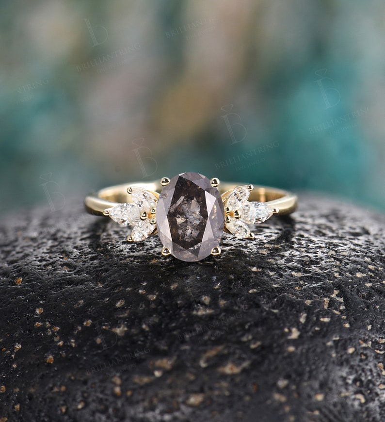 Vintage Oval cut Salt and pepper diamond engagement ring Etsy