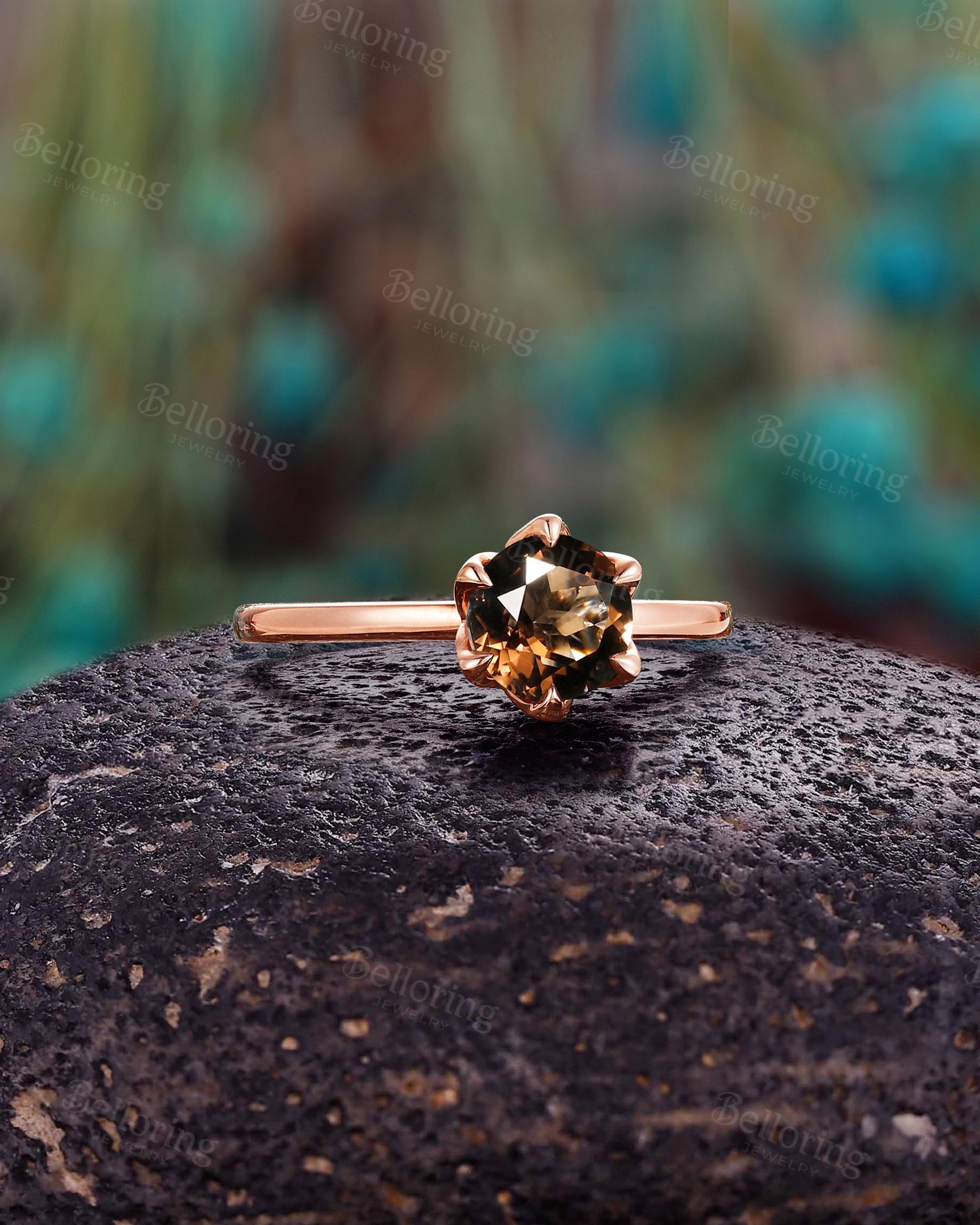 Unique Round Smoky Quartz Engagement Ring,vintage Moissanite
