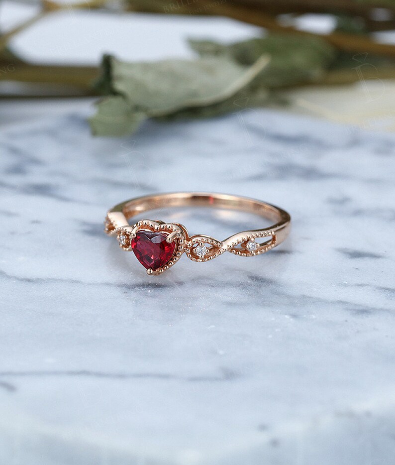 Heart shaped Ruby engagement ring 14K rose Gold vintage | Etsy