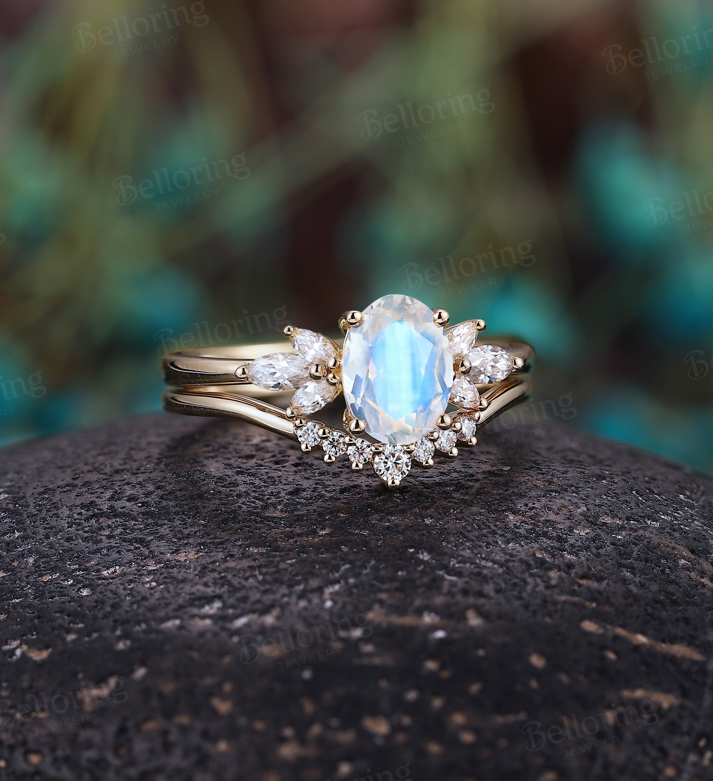 Pear Cut Rainbow Moonstone Engagement Ring Unique Promise Ring With Diamond  Accents - MollyJewelryUS