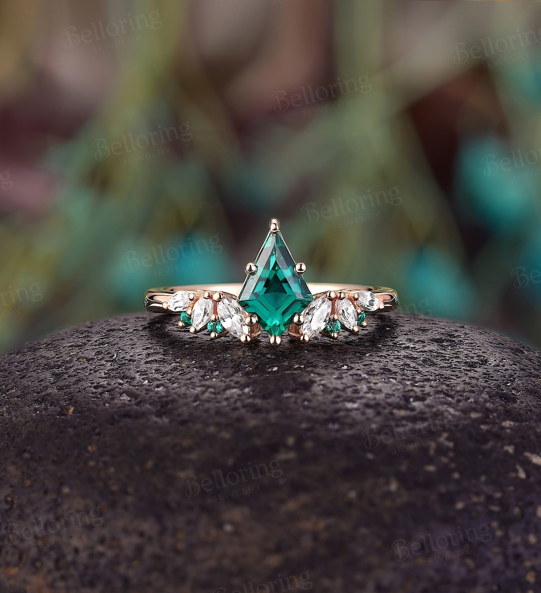 Vintage Kite Emerald Engagement Ring Rose Gold Cluster Ring Antique vintage-kite-emerald-engagement-ring-rose-gold-cluster-ring-antique