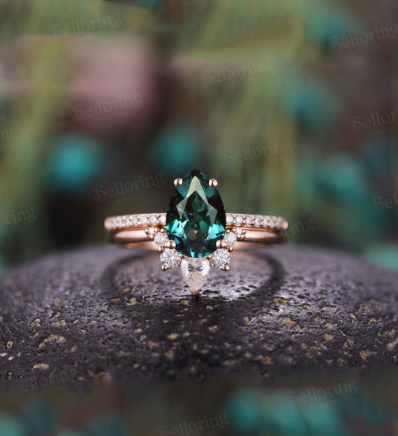 Vintage Alexandrite Engagement Ring Set Pear Shaped Rose Gold | Etsy