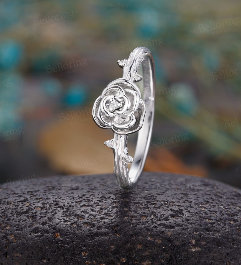 White Gold Flower Engagement Ring Art Deco Diamond Rings Etsy