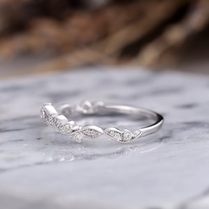 Moissanite/Diamond curved wedding band white gold unique leaf matching band art deco stacking ring birthstone anniversary wedding ring image 3