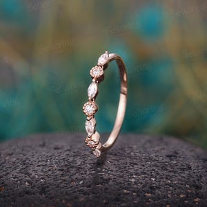 Art Deco Diamond Wedding Band,Marquise Moissanite Half Eternity Ring,Vintage 14K Yellow Gold Stacking Band,Dainty Promise Matching Band image 4