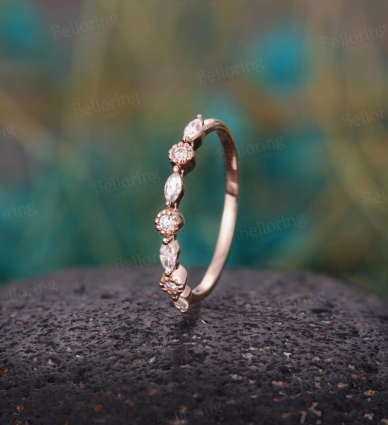 Art Deco Diamond Wedding Band,Marquise Moissanite Half Eternity Ring,Vintage 14K Yellow Gold Stacking Band,Dainty Promise Matching Band image 4