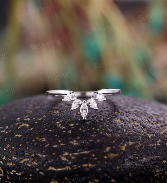 Marquise Moissanite/cz Curved Wedding Band White Gold Vintage