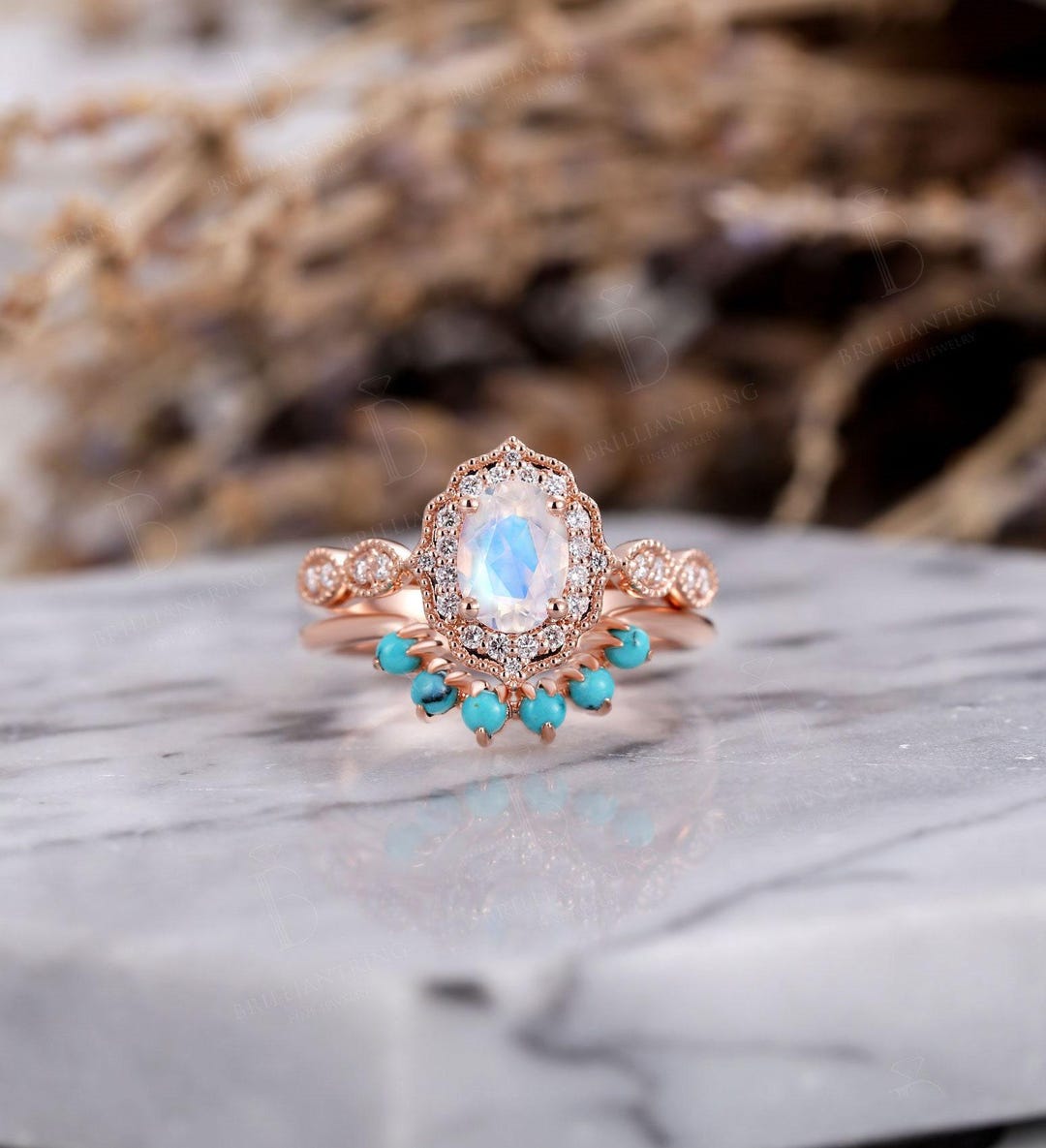 Vintage Oval Moonstone Engagement Ring Set Rose Gold Moissanite