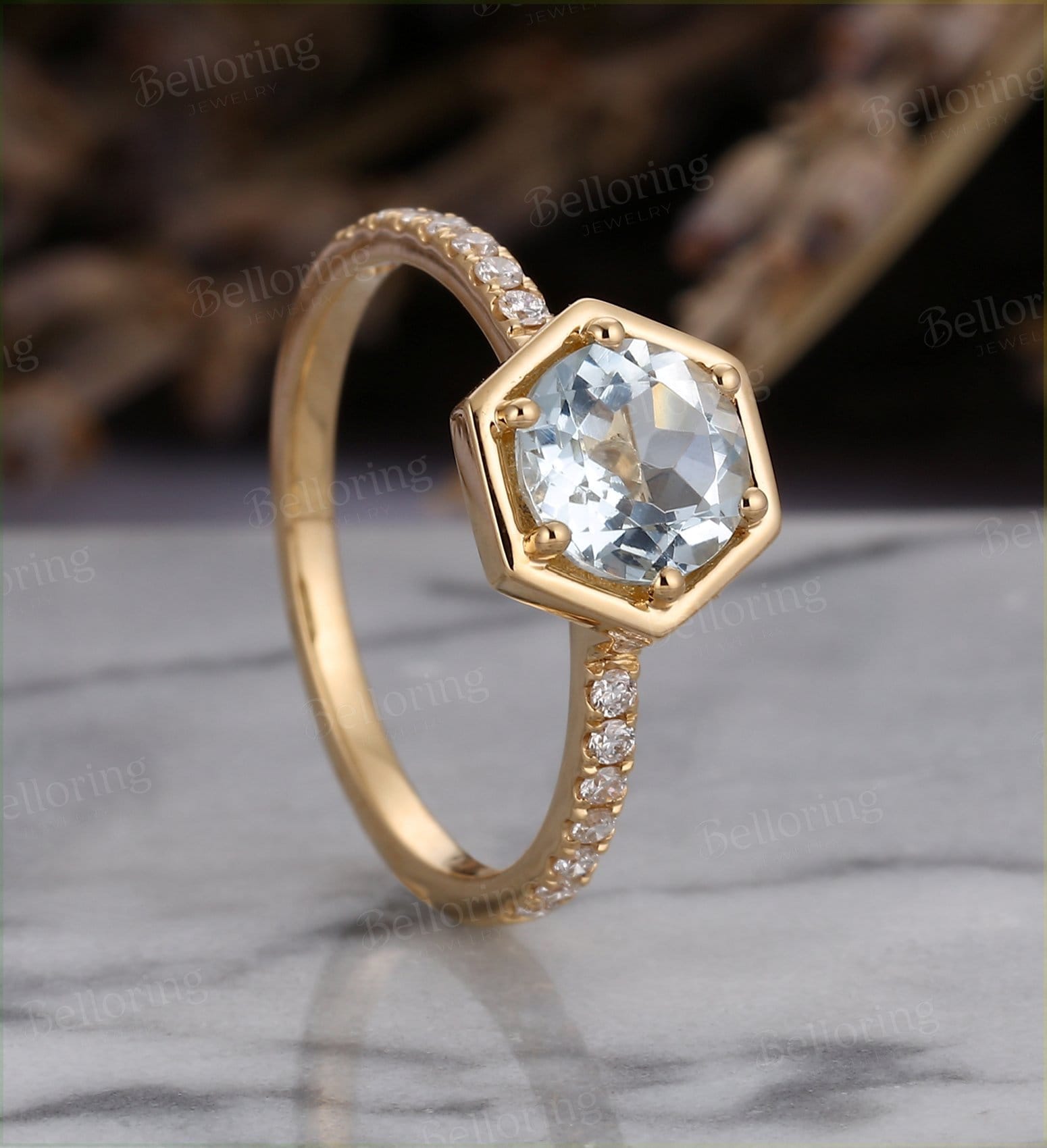 Vintage aquamarine engagement ring art deco half eternity diamond wedding rings round prong set ring yellow gold promise anniversary ring