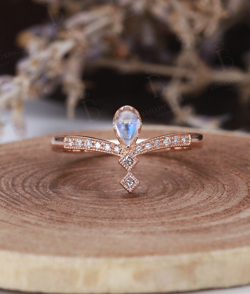 Moonstone Engagement Ring Rose Gold Diamond Vintage Pear Cut | Etsy