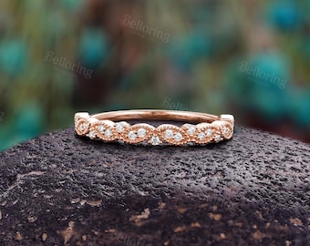 Vintage Moissanite Wedding Band: Dainty Solid Gold Milgrain Leaf Half Eternity Anniversary Bridal Promise Ring