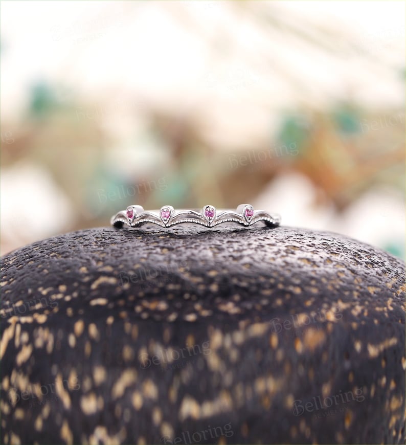 Pink sapphire vintage wedding band white gold woman Art Deco unique Antique Dainty half eternity Milgrain Promise anniversary wedding ring