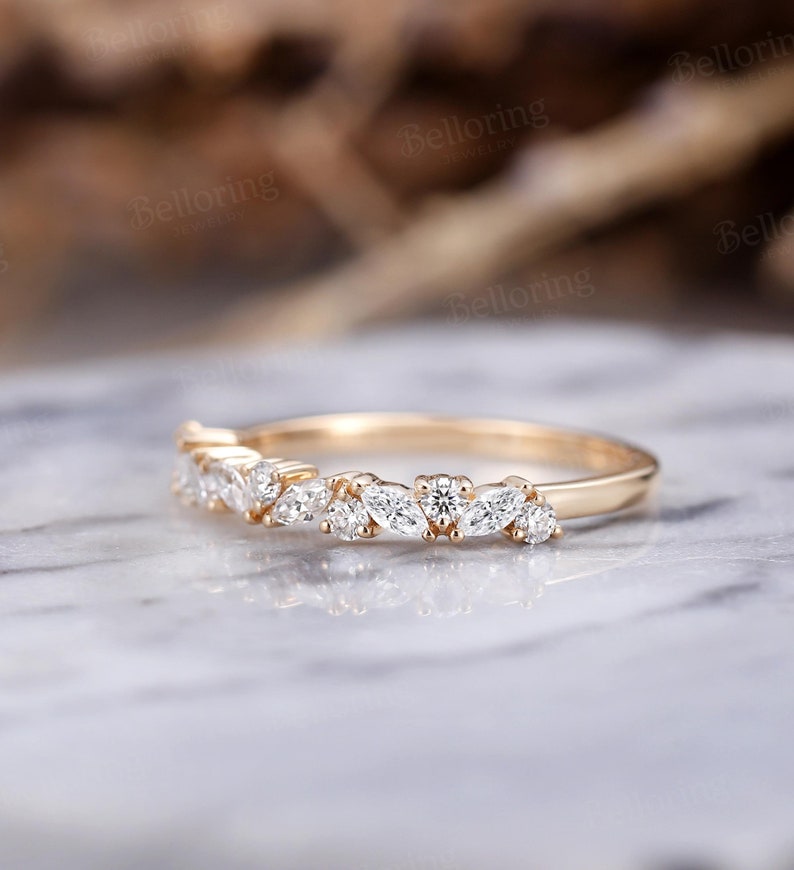 Marquise moissanite diamond wedding band vintage yellow gold ring stacking band antique unique cluster matching bands anniversary ring image 2