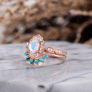 Vintage Oval Moonstone Engagement Ring Set Rose Gold - Etsy