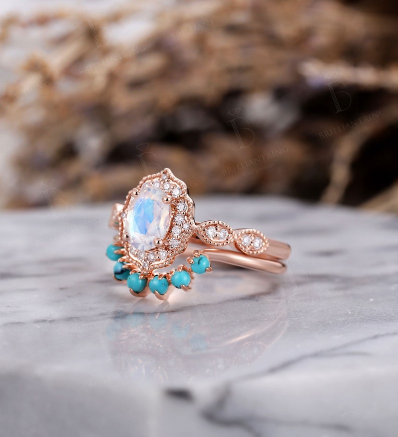 Vintage Oval Moonstone Engagement Ring Set Rose Gold | Etsy