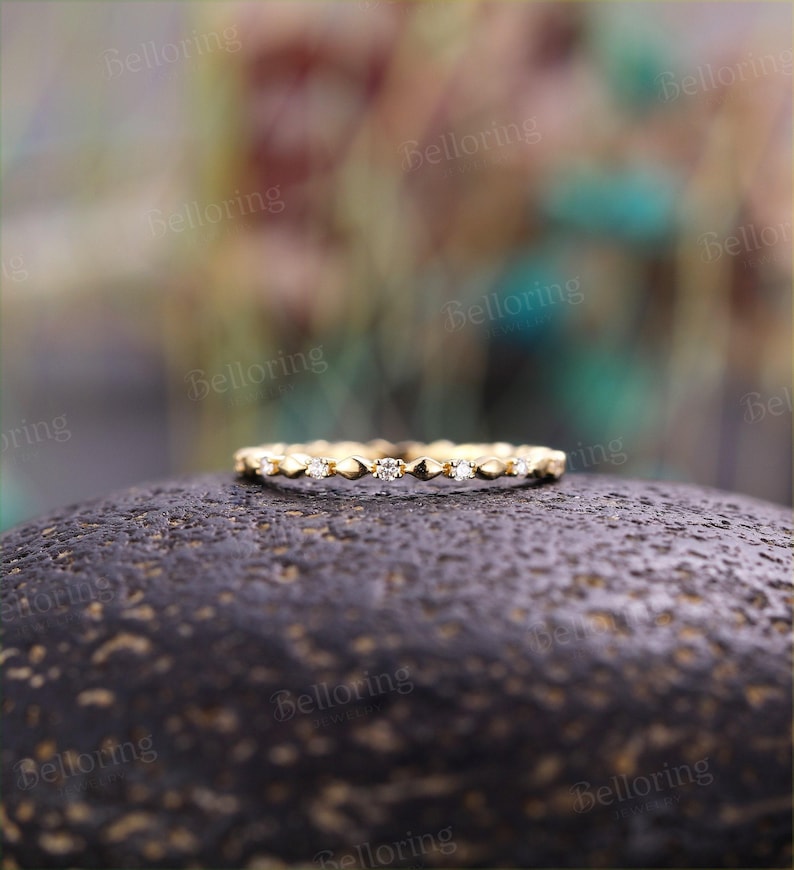 Vintage Moissanite Gold Wedding Band - 14K Gold Full Eternity Ring | Diamond Stackable Band Yellow Gold Ring | Matching Ring Wedding Ring image 4