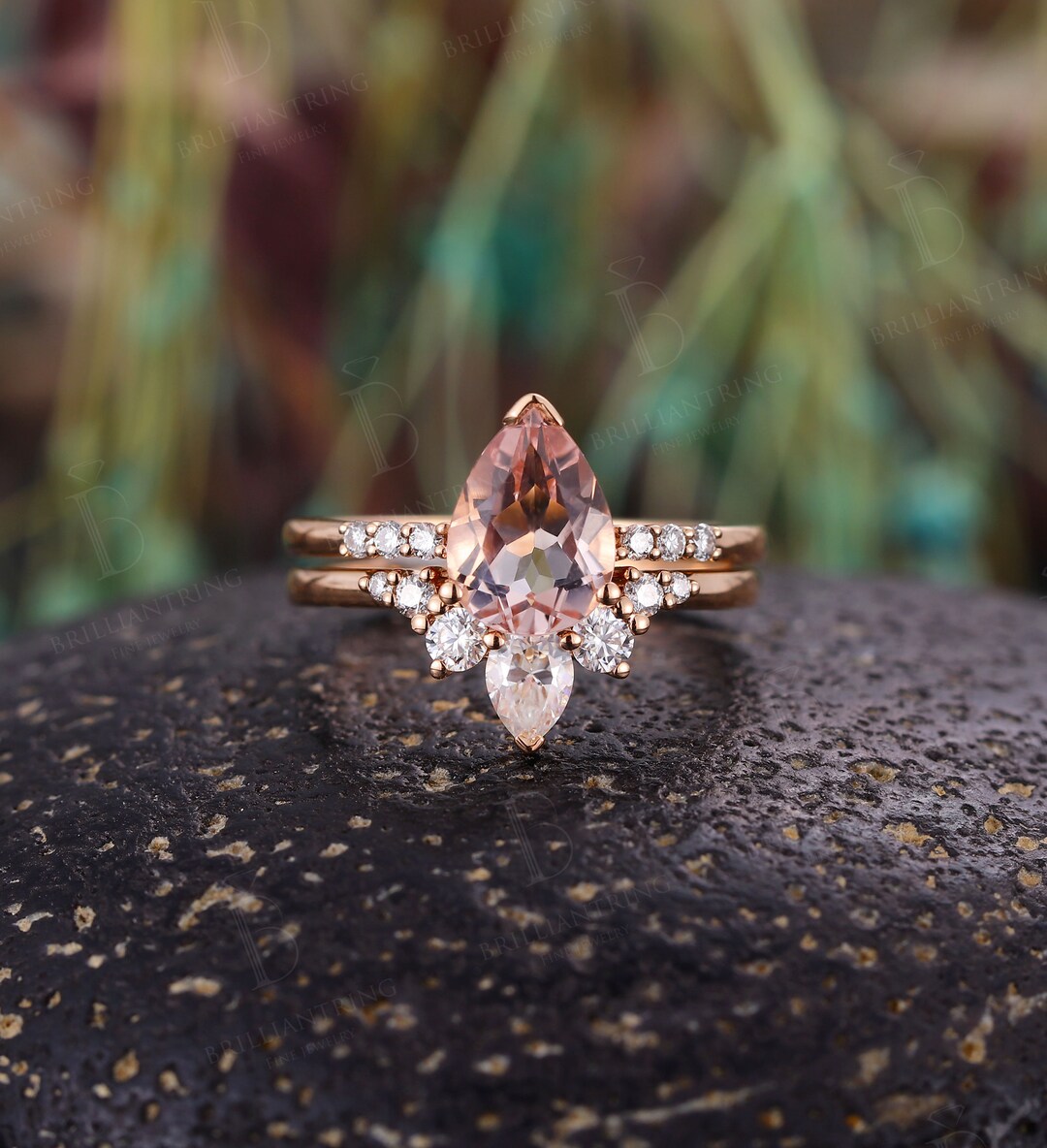 Rose Gold Morganite Ring Bridal Set in Vintage Diamond Floral Band 14K White Gold / 7.0