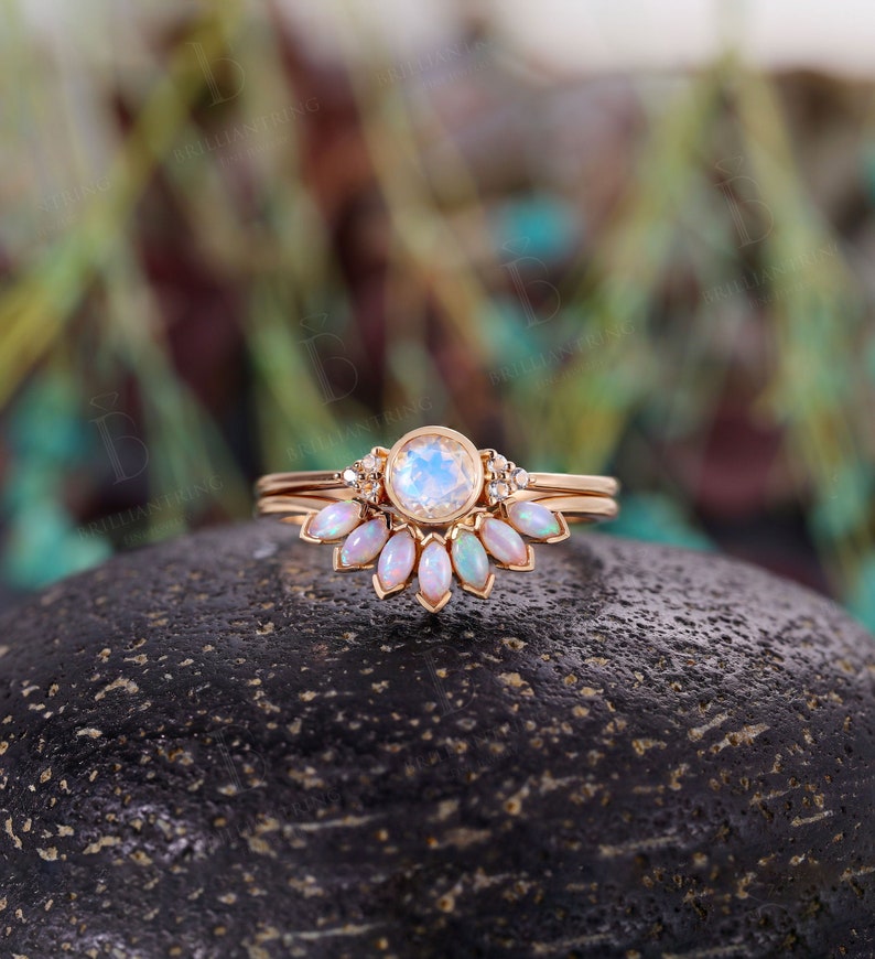 Vintage Moonstone engagement ring Set Marquise opal wedding rings bezel set rose gold  art deco bridal set anniversary promise rings 