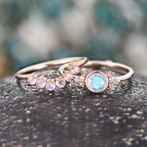 Vintage Moonstone Engagement Ring Set,Art Deco Moonstone Curved Wedding Rings Bezel Set,14K Rose Gold Promise Rings,Anniversary Bridal Set