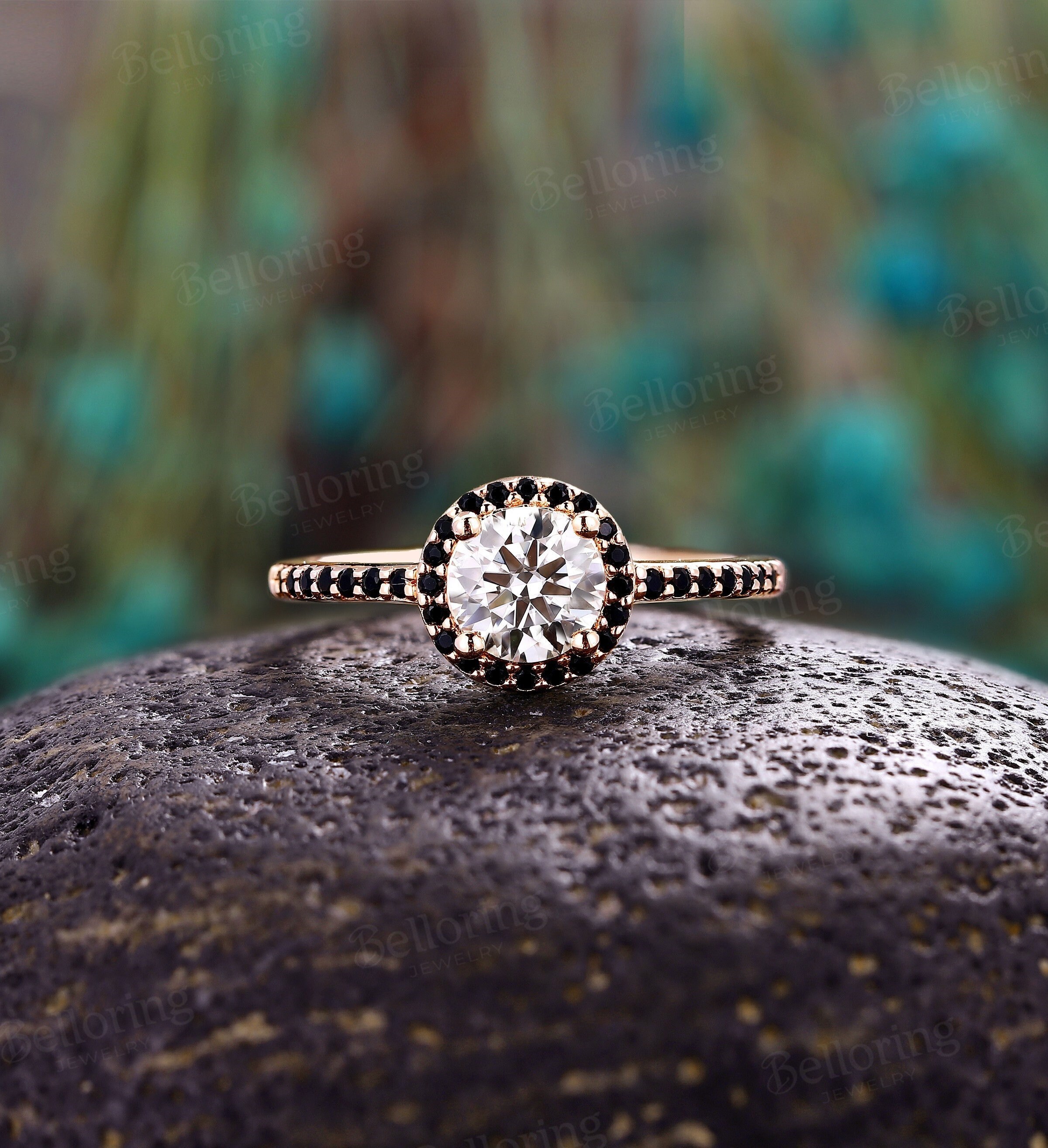 Art Deco Moissanite Engagement Ring Round Cut Black Onyx Ring Rose Gold  Halo Ring Antique Pave White Gold Ring Anniversary Promise Ring - Etsy  Norway
