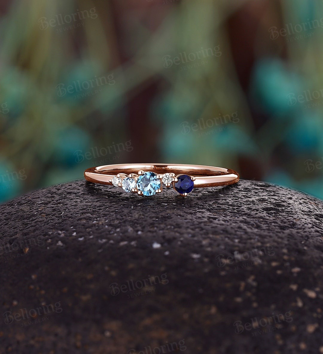 Unique Multi-gems Cluster Wedding Band - London Blue Topaz Sapphire ...