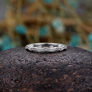 Vintage Milgrain Diamond Wedding Band: Yellow Gold Curved Stackable Ring, Anniversary Bridal Matching Band image 4