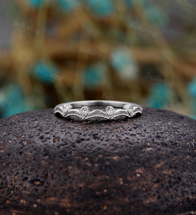 Vintage Milgrain Diamond Wedding Band: Yellow Gold Curved Stackable Ring, Anniversary Bridal Matching Band image 4