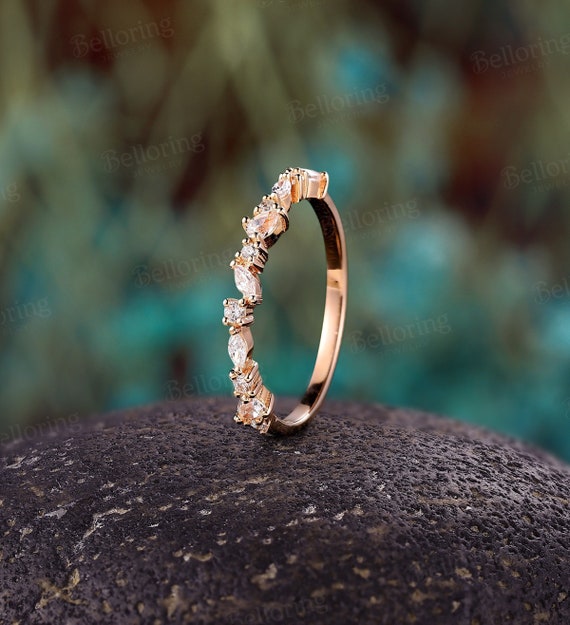 Vintage Marquise Cut Moissanite Wedding Band Delicate Round Cut