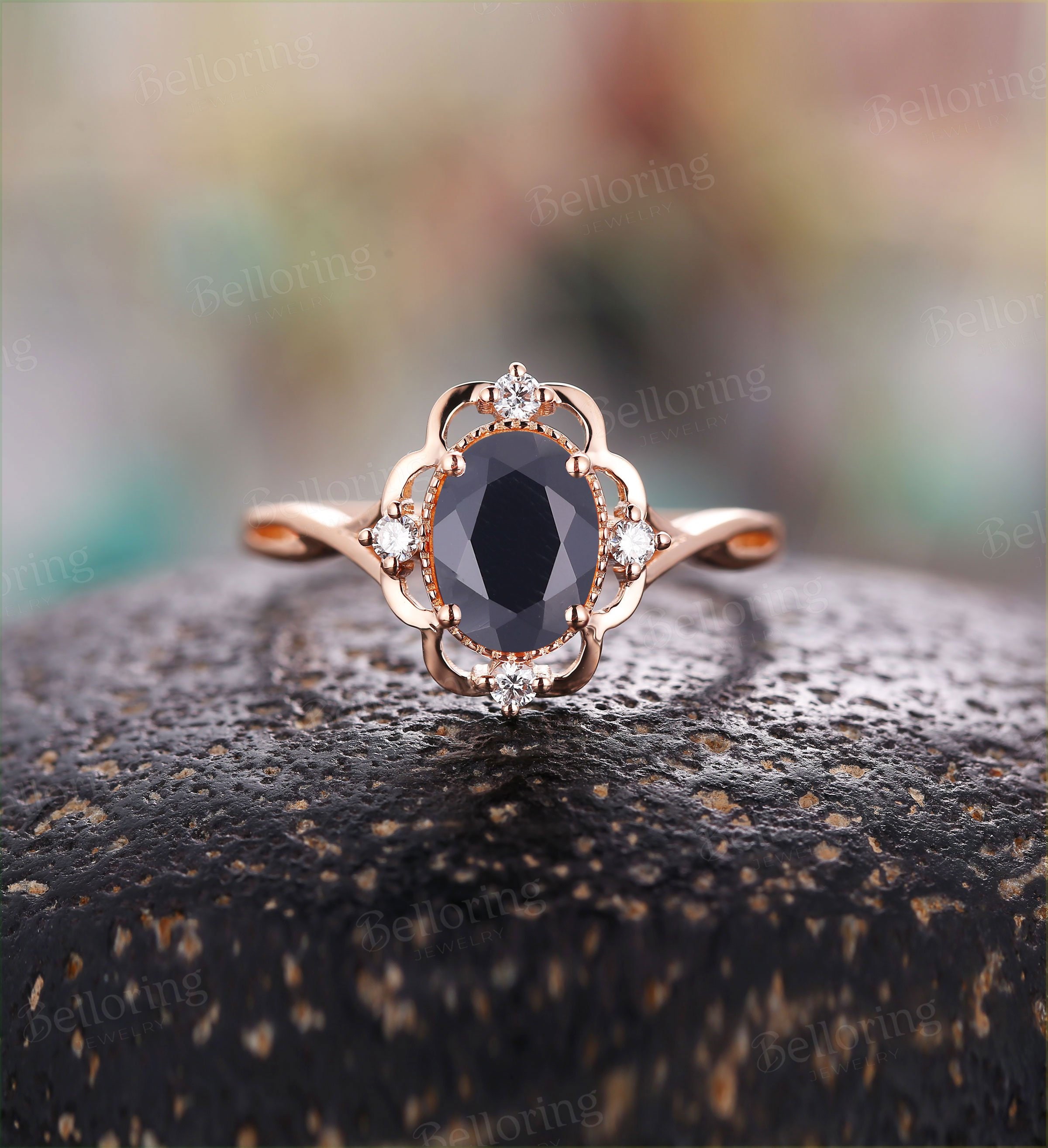 Coffin Cut Black Onyx Engagement Ring Set Vintage White Gold - Oveela  Jewelry