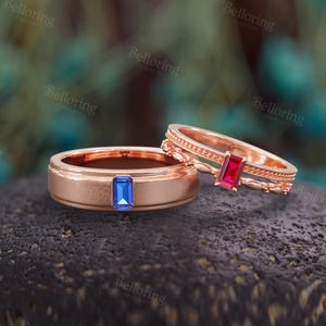 Minimalist Ruby And Sapphire Couple Rings,Unique 14K Rose Gold Matching Wedding Bands,Delicate Anniversary Promise Rings For Him And Her