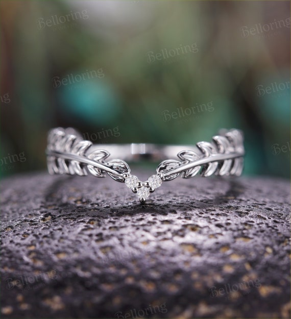 Vintage diamond curved wedding band white gold leaf stacking bands unique  dainty art deco matching band promise anniversary wedding ring