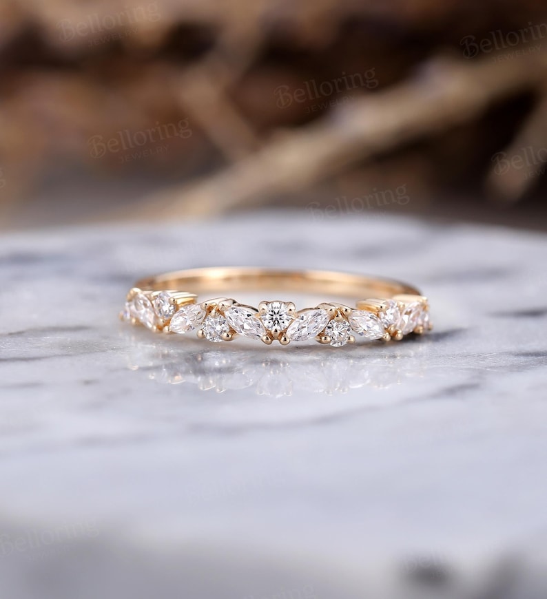 Marquise moissanite diamond wedding band vintage yellow gold ring stacking band antique unique cluster matching bands anniversary ring image 1