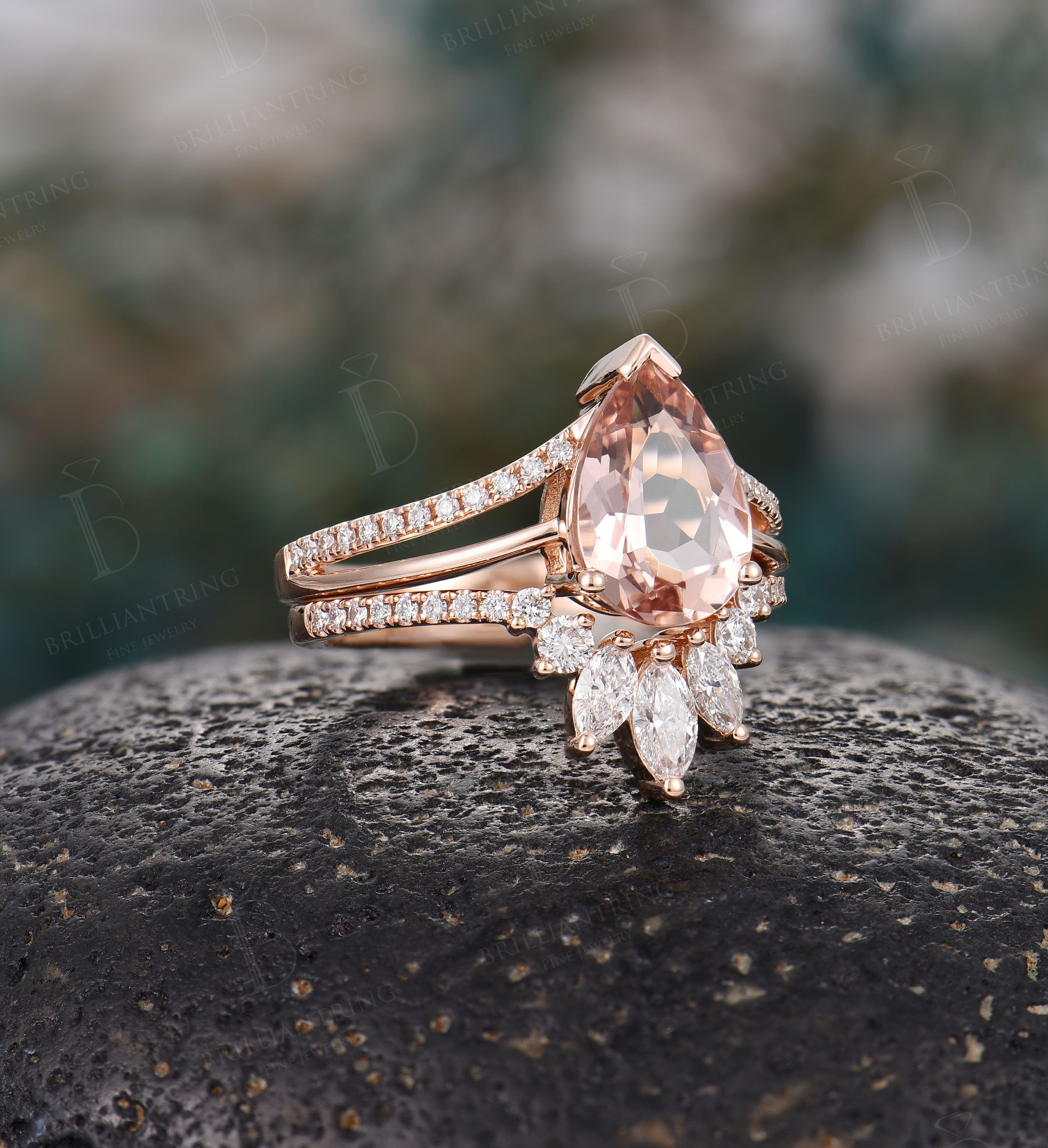 Vintage Pear shaped Morganite engagement ring set rose gold at | Etsy