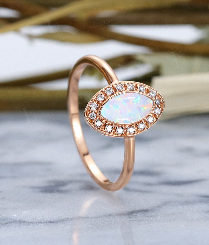 Lab Opal Engagement Ring Vintage Rose Gold Marquise Cut | Etsy