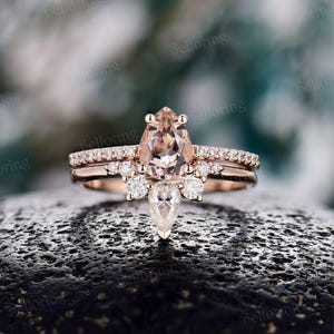 Pear shaped morganite engagement ring set vintage Half eternity moissanite rings rose gold ring set antique teardrop anniversary bridal set