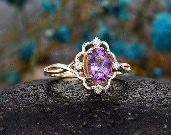 Vintage Oval Amethyst Engagement Ring,antique 14K Yellow Gold Ring