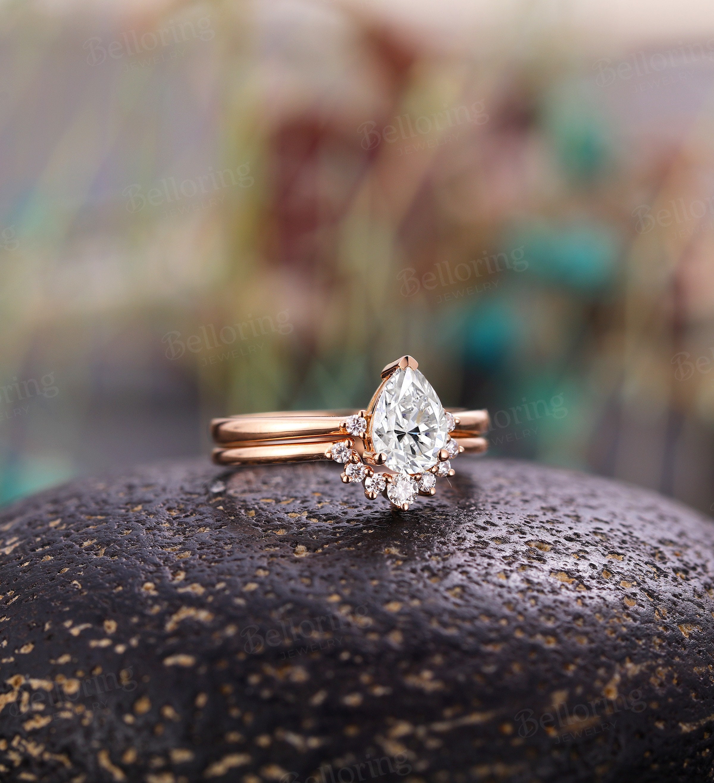 Pear Shaped CC Moissanite Engagement Ring Rose Gold Curved Diamond Wedding Band Vintage Art Deco Bridal Set Anniversary Promise Rings Etsy
