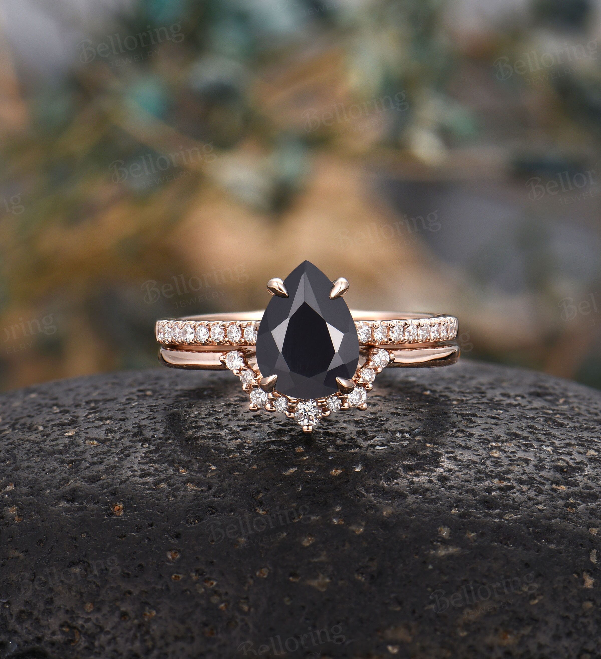 Black Onyx Vintage Bridal set engagement ring Art deco Diamond | Etsy