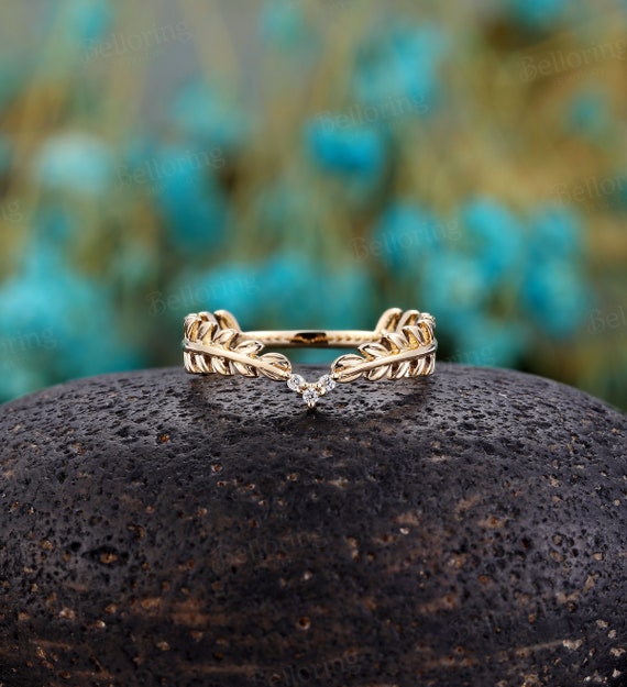 Vintage Diamond Curved Wedding Band,14K Yellow Gold Leaf Stacking Wedding  Ring,Unique Art Deco Matching Bands Promise Anniversary Ring