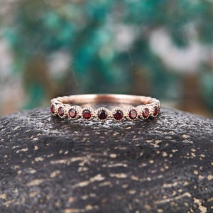 Vintage Garnet Wedding Band: Unique Rose Gold Half Eternity Stackable Promise Ring for Her image 3