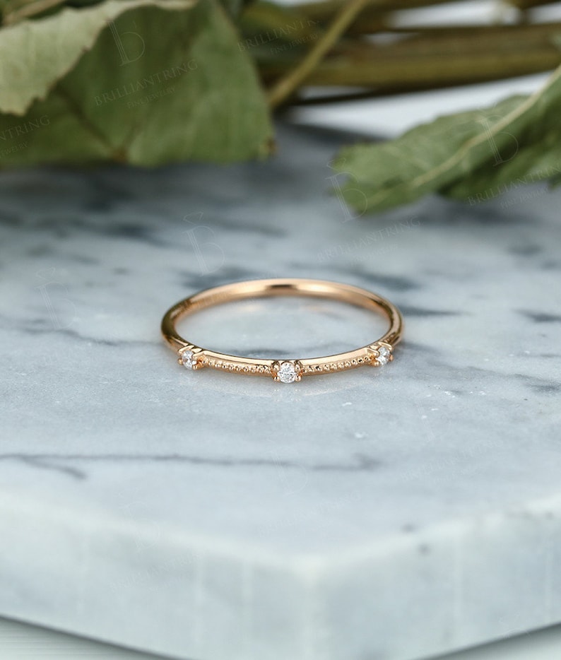 Rose gold wedding band women Vintage diamond Art deco half Eternity band antique Stacking matching unique Bridal set Milgrain Promise Gift