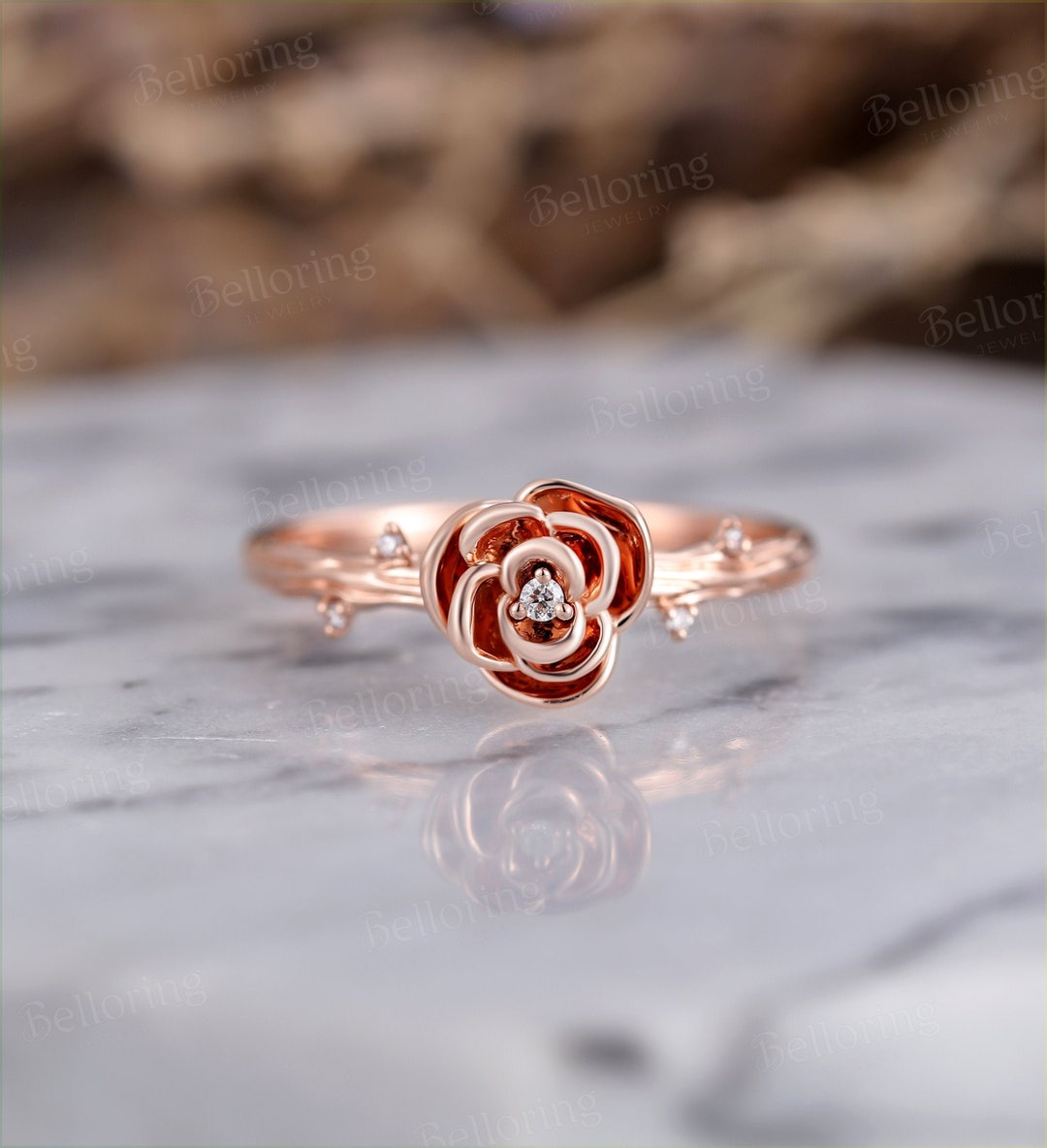 Bague de fiançailles diamant fleur rose vintage, bague en or rose antique,  alliances florales uniques, bague d'anniversaire, cadeau spécial pour elle 