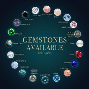May include: A dark teal graphic showcasing various gemstones, including diamond, emerald, ruby, and sapphire. The text "GEMSTONES AVAILABLE" is centered, with "BELLORING" below. The image displays a variety of colorful gemstones.