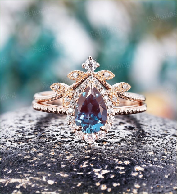 Pear Shaped Alexandrite Engagement Ring Set Rose Gold Vintage Halo
