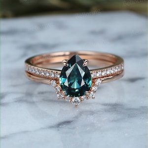 Vintage Teal Sapphire Engagement Ring Set Pear Shaped Unique Rose Gold ...