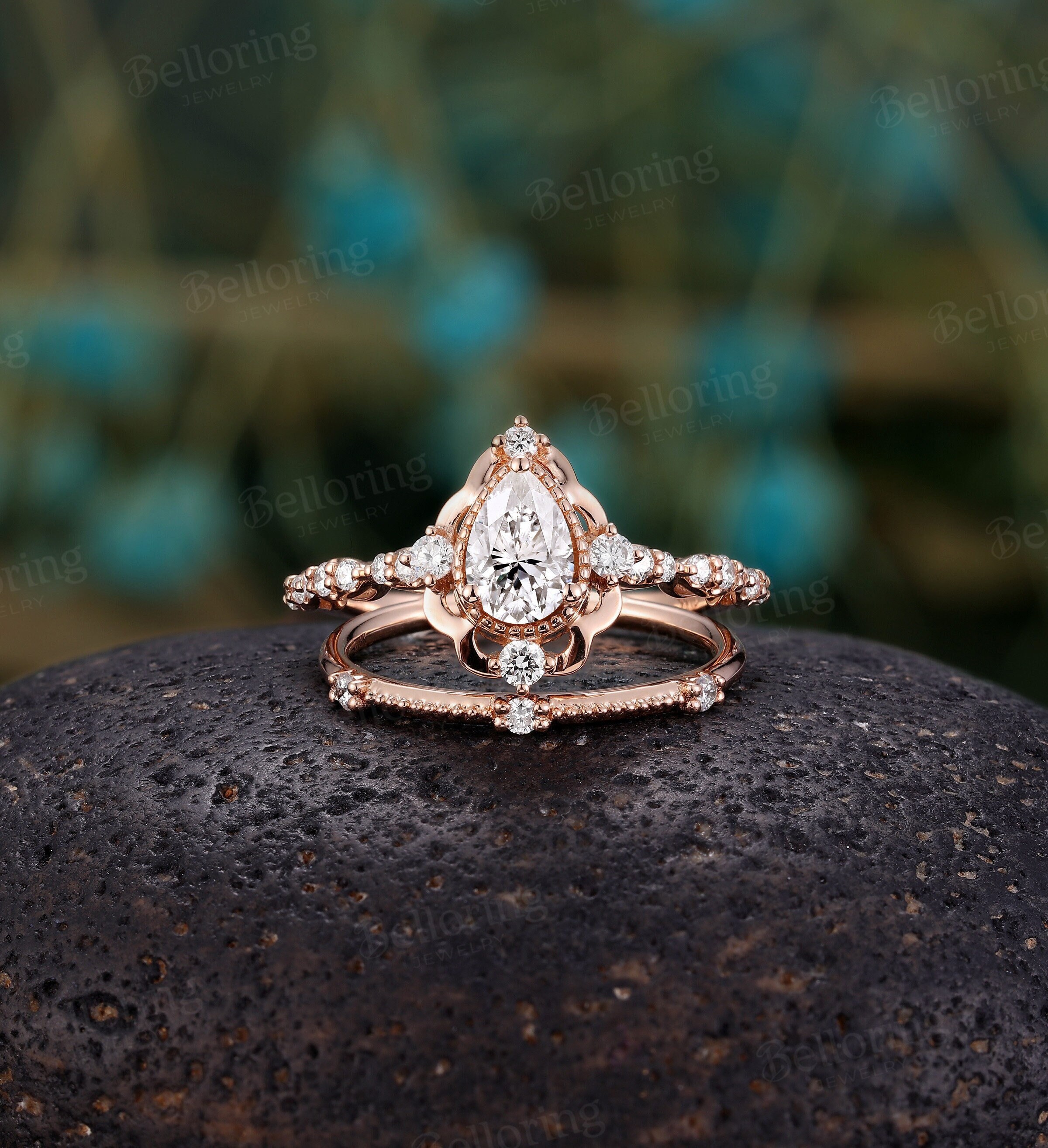 Pear Shaped Moissanite Engagement Ring Set Rose Gold Art Deco